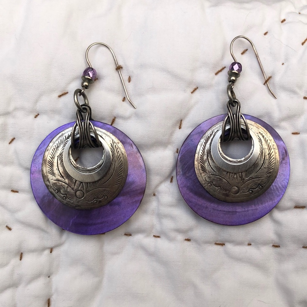 Silver tone and purple earrings